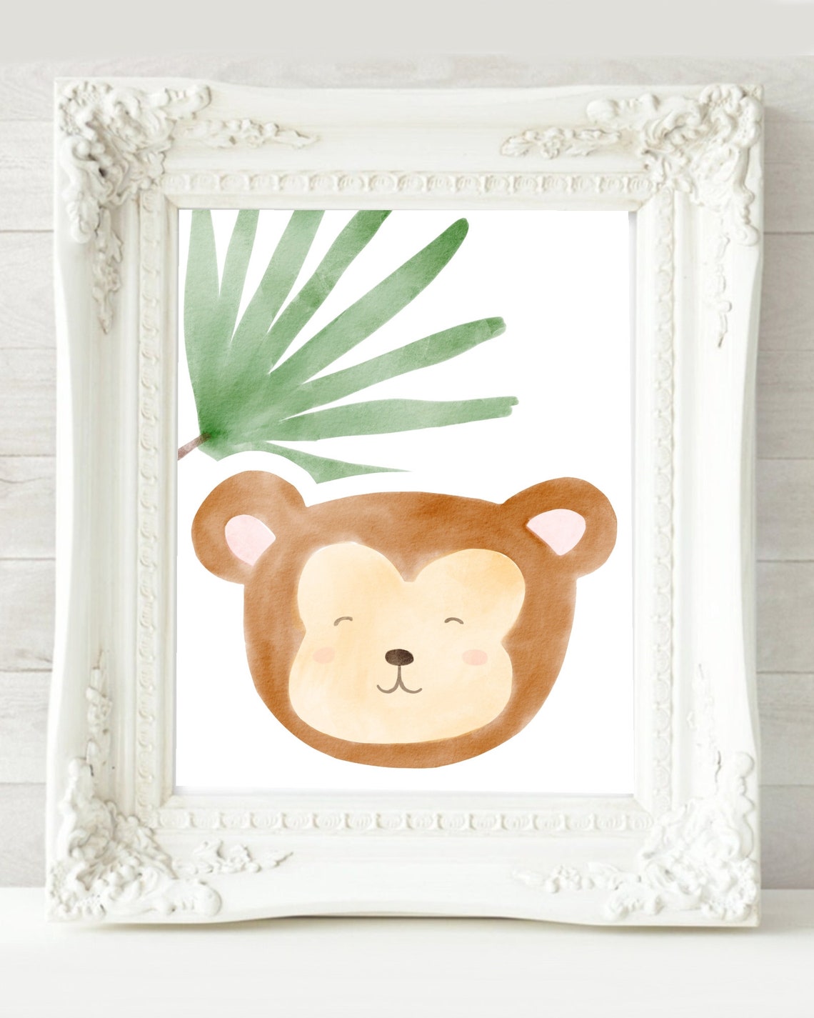 Smiling Monkey Face With Palm Leaf Watercolor Nursery Poster - Image 2