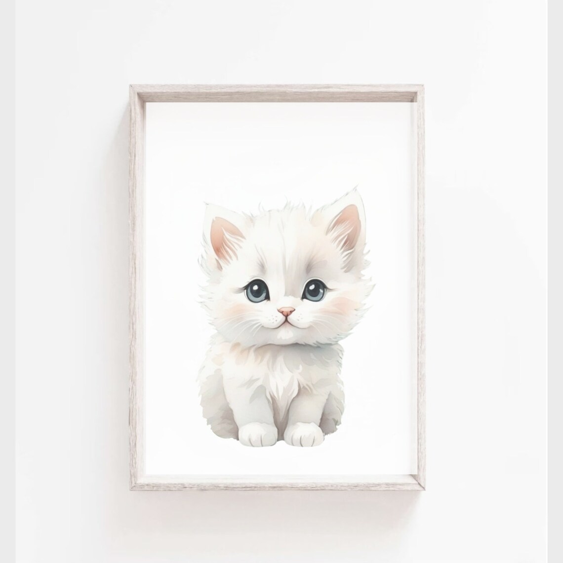 White Fluffy Kitten With Blue Eyes Watercolor Baby Nursery Kids Room Poster
