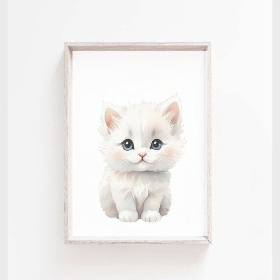 White Fluffy Kitten With Blue Eyes Watercolor Baby Nursery Kids Room Poster