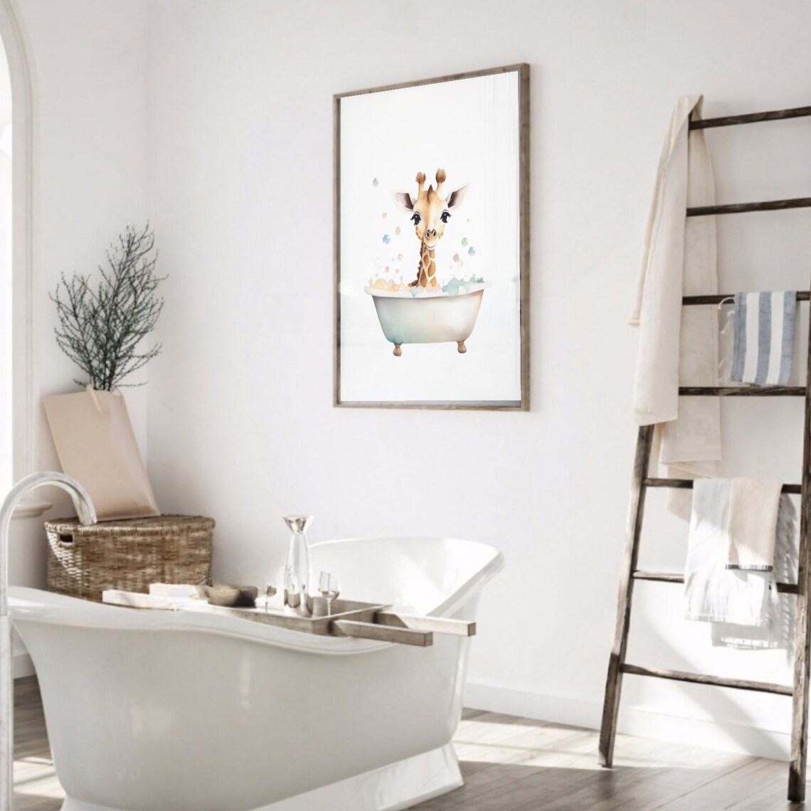 Cute Baby Giraffe In Bathtub Watercolor Kids Bathroom Art Poster - Image 2