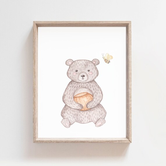 Sweet Bear Hugging Honey Pot With Little Bee Watercolor Poster