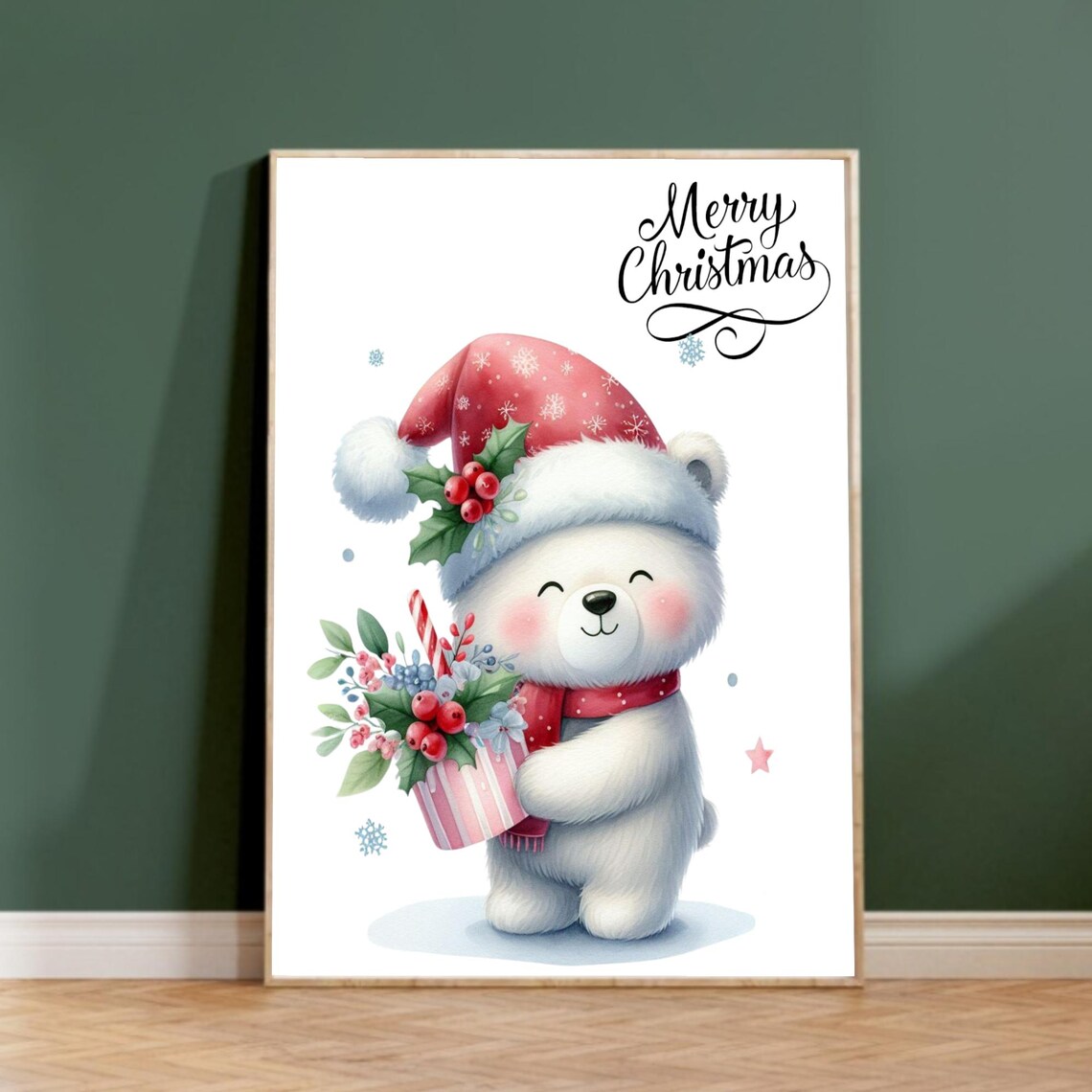 Polar Bear In Santa Hat Holding Christmas Bouquet Holiday Poster