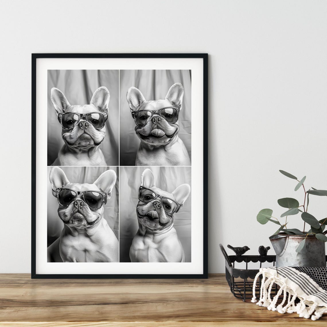 French Bulldog Sunglasses Four Panel Funny Black White Portrait Poster