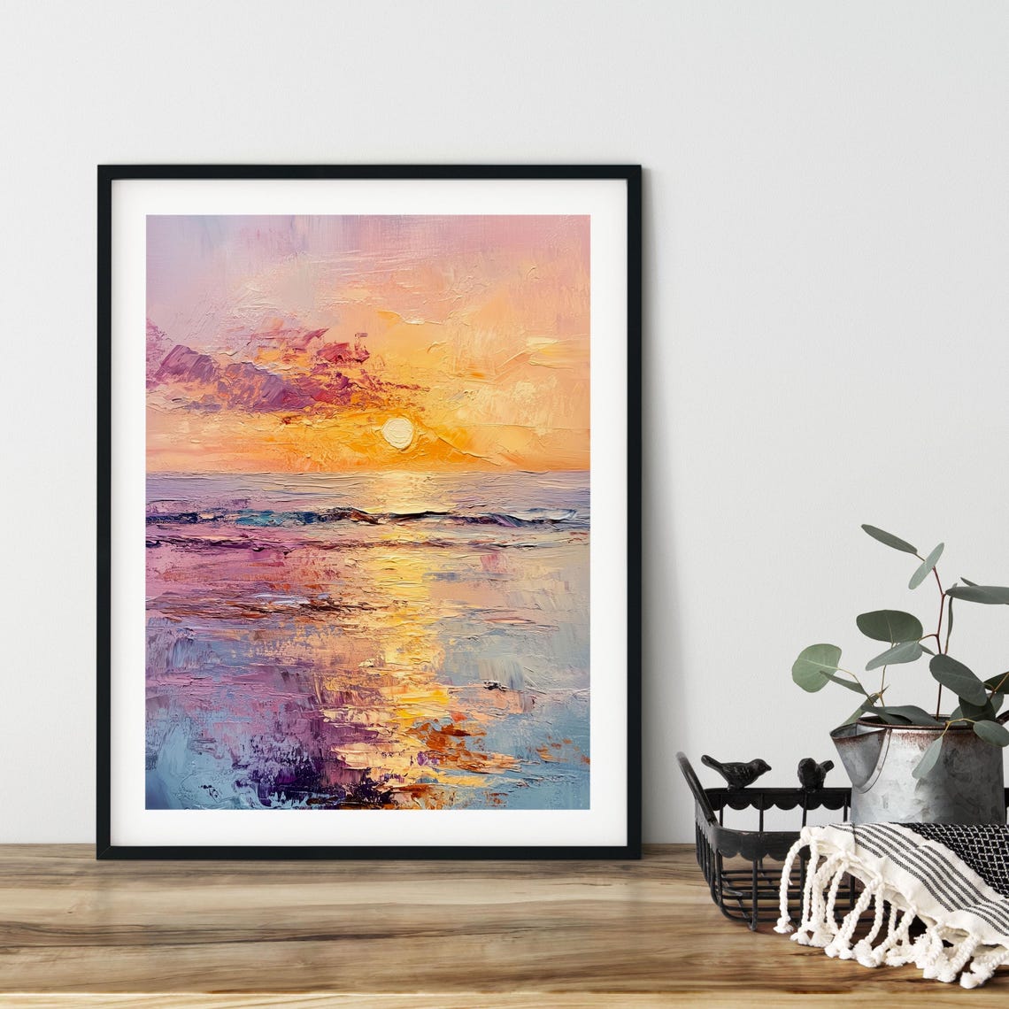 Impasto Ocean Sunset Painting Pink And Gold Waves Art Wall Print