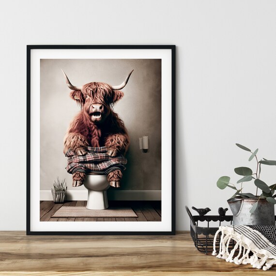 Highland Cow Toilet Funny Bathroom Wall Art Poster Various Sizes Instant Ai Animals Surprised
