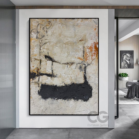 Original Beige Minimalist Wall Art Large Minimalist Black Painting Acrylic Minimalist Modern Painting Abstract Minimalist Art