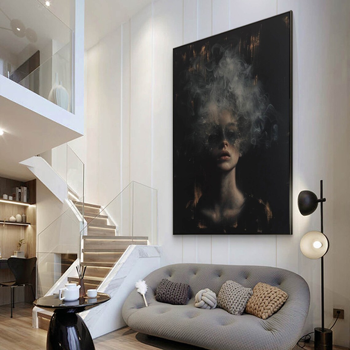 Dark Moody Woman Portrait Smoke Cloud Ethereal Black Gold Abstract Poster - Image 2