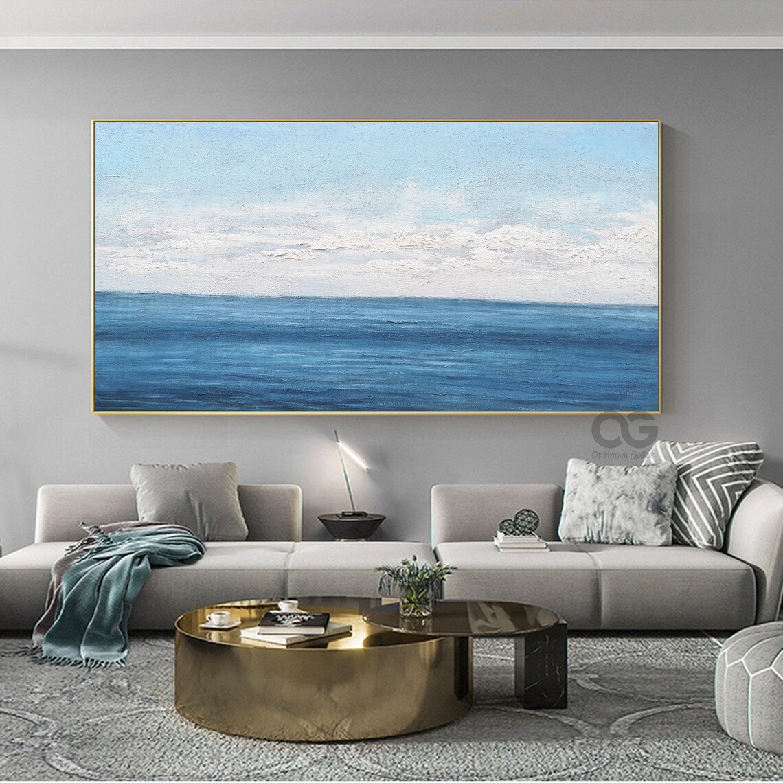 Deep Blue Ocean Horizon Painting White Clouds Calm Sea Minimal Wall Art Poster - Image 2
