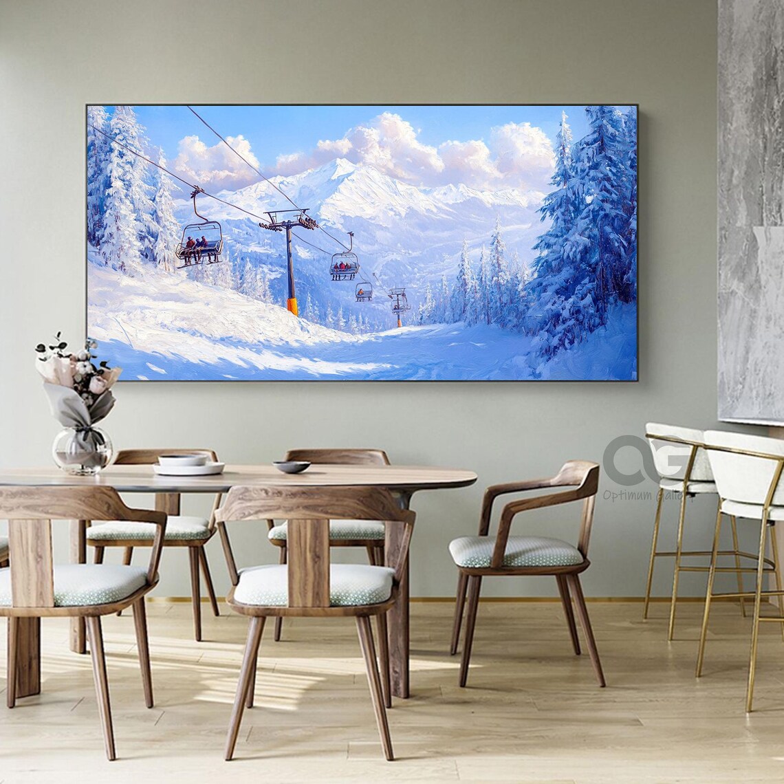 Gondola Cabins Snowy Ski Slope Tall Pines Blue Sky Mountain Poster - Image 4