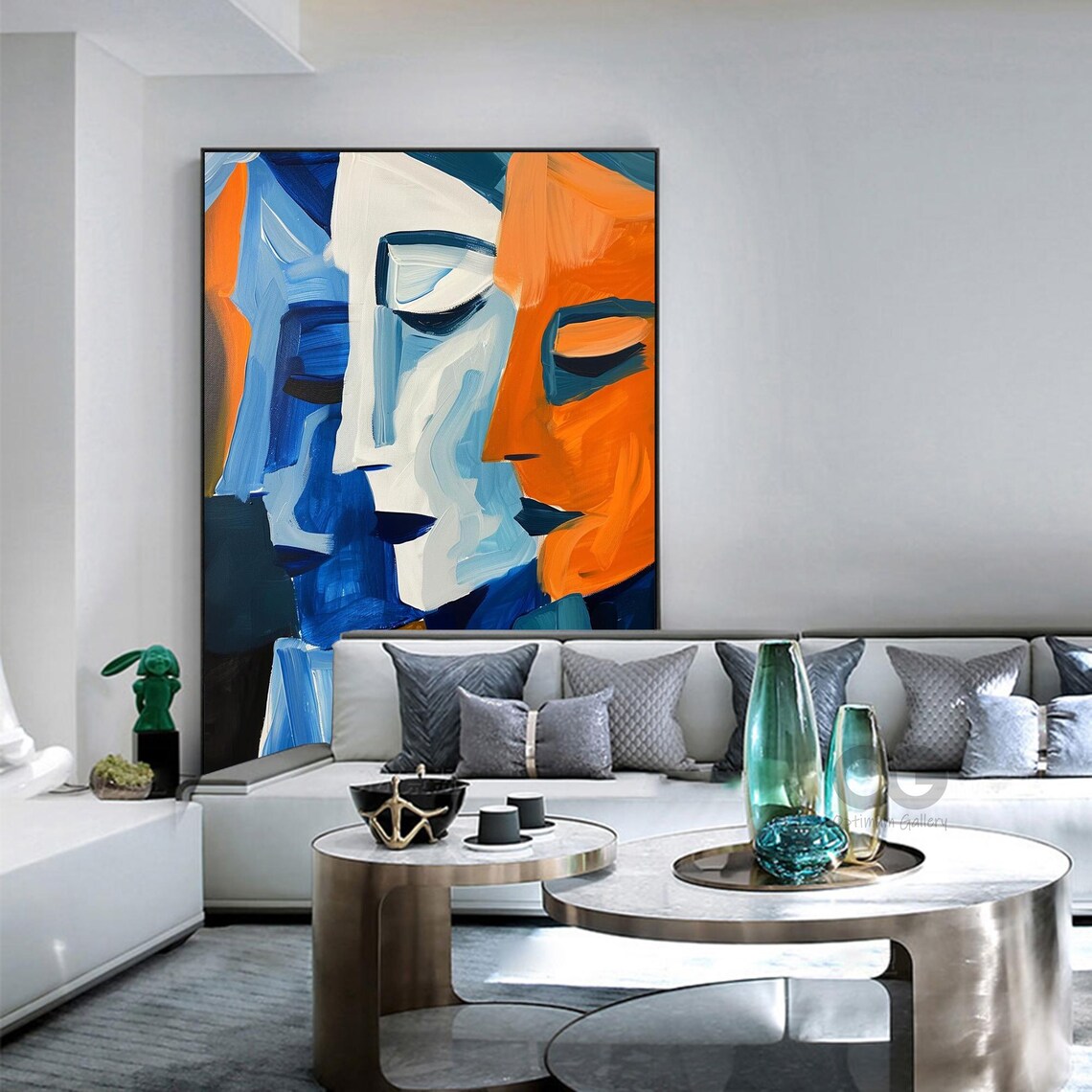 Dual Abstract Faces Blue White Orange Bold Brushstroke Cubist Art Poster - Image 2