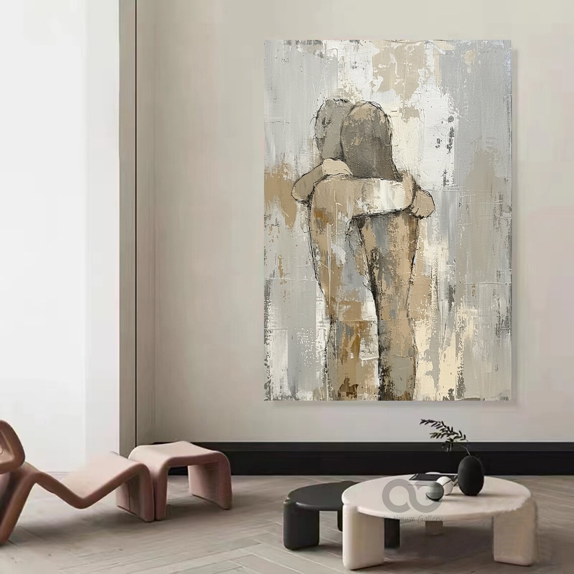Lovers Embrace Abstract Beige Gray Figurative Romantic Couple Art Poster - Image 4
