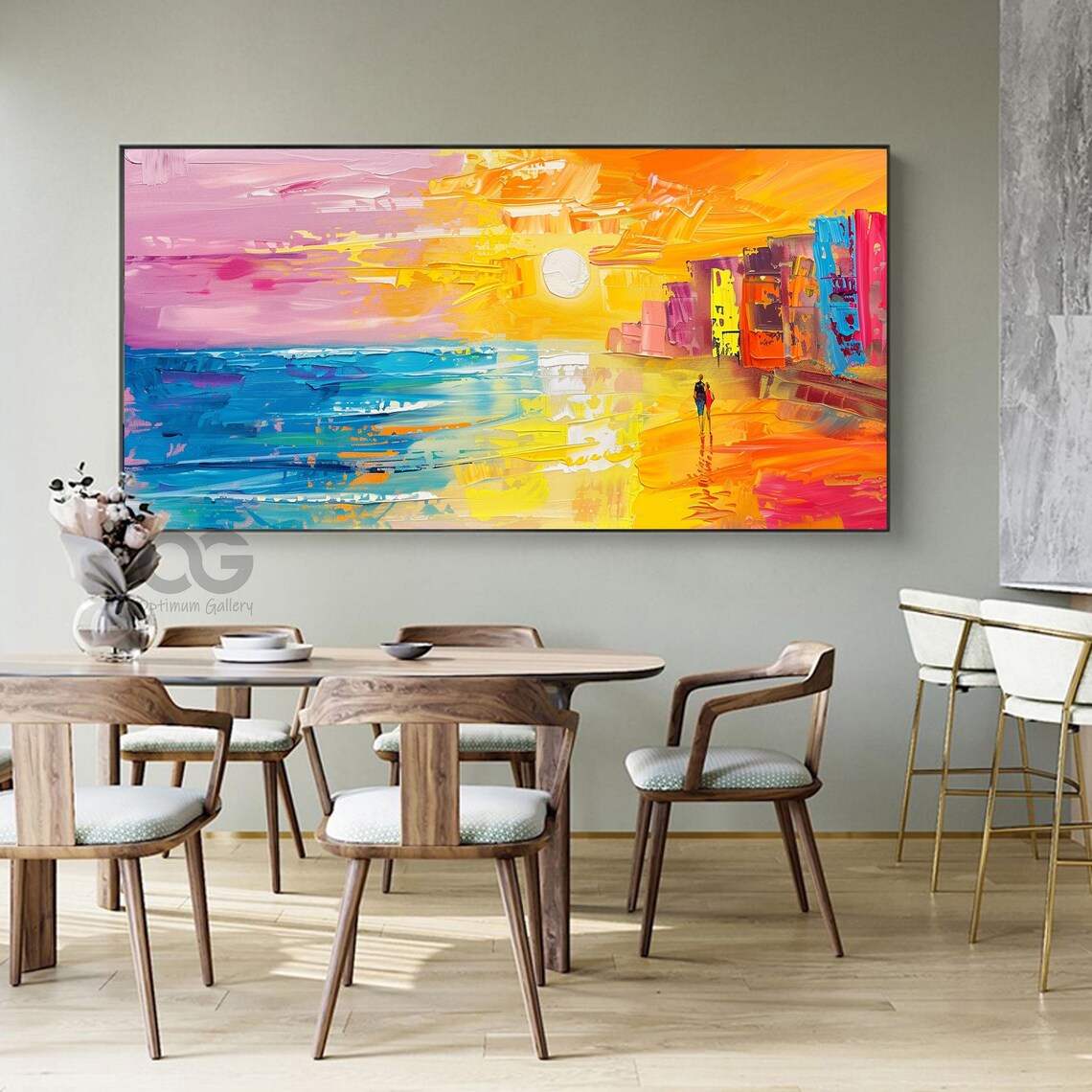 Bright Sunset Beach Couple Walking Shore Pink Orange Waves Painting Poster - Image 4