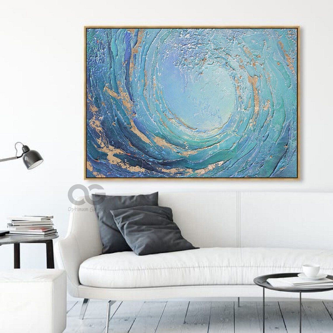 Blue Wave Abstract Ocean Art Print, Blue and Gold - Image 4