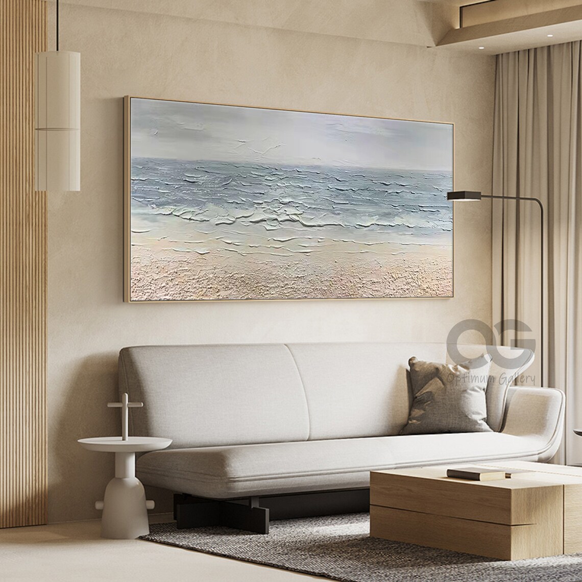 Textured Ocean Waves Painting Grey Blue Palette Knife Sandy Shore Wall Art Poster - Image 2