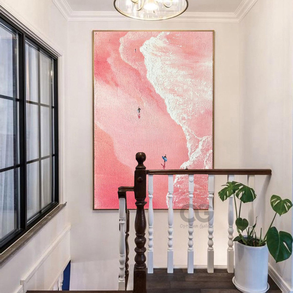 Pink Sand Beach White Foam Wave Tiny Surfers Vertical Art Poster - Image 3