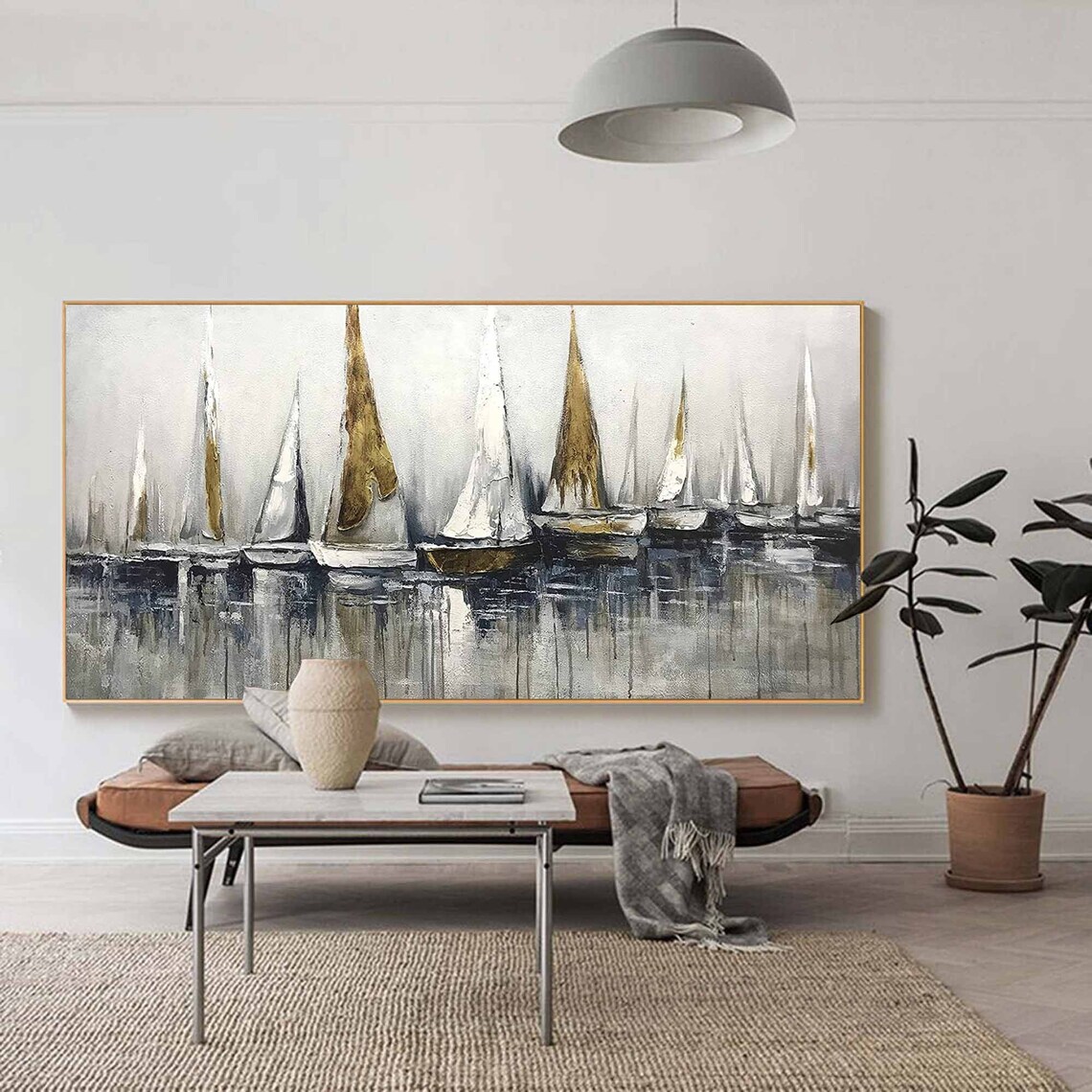 Grey Gold Sailboat Harbor Reflection Panoramic Abstract Sailing Wall Poster - Image 3