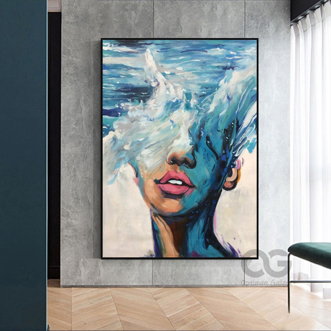 Ocean Wave Woman Face Abstract Blue Sea Painting Surreal Coastal Art Poster - Image 3