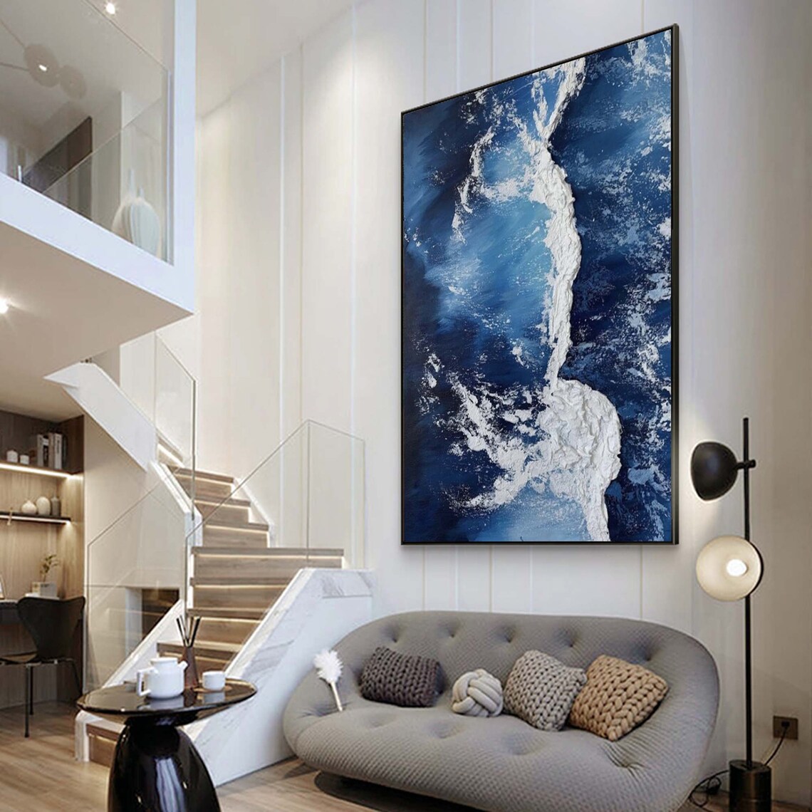 Deep Blue Aerial Wave White Foam Ribbon Diagonal Ocean Art Poster - Image 2