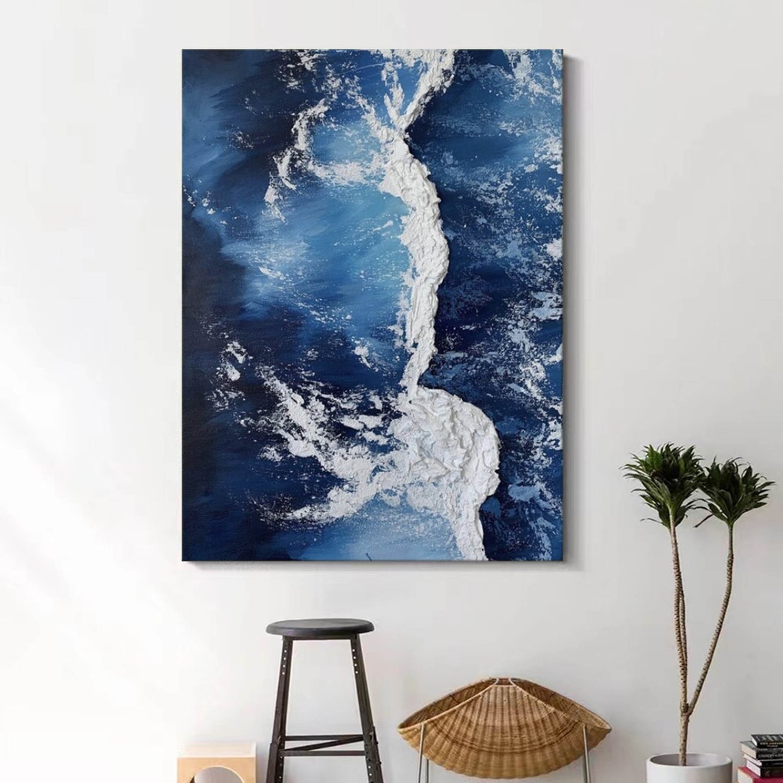 Deep Blue Aerial Wave White Foam Ribbon Diagonal Ocean Art Poster - Image 3