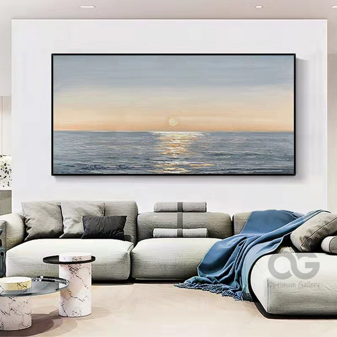 Ocean Sunset Painting Pale Sun Golden Water Reflection Panoramic Wall Art Poster - Image 3