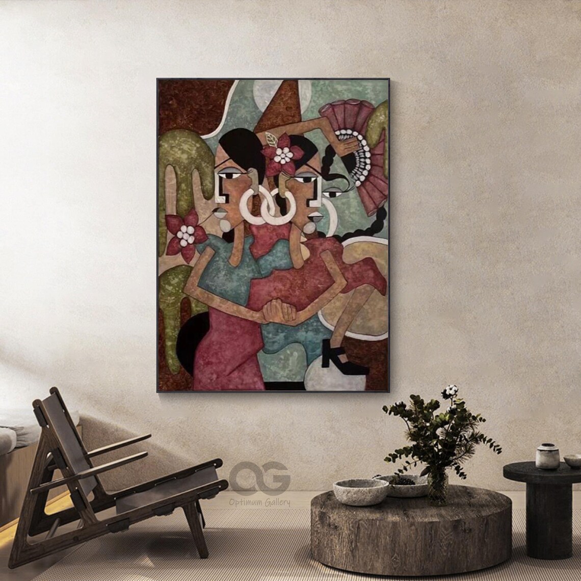 Two Women Embracing Picasso Style Abstract Earth Tone Floral Ladies Poster - Image 3