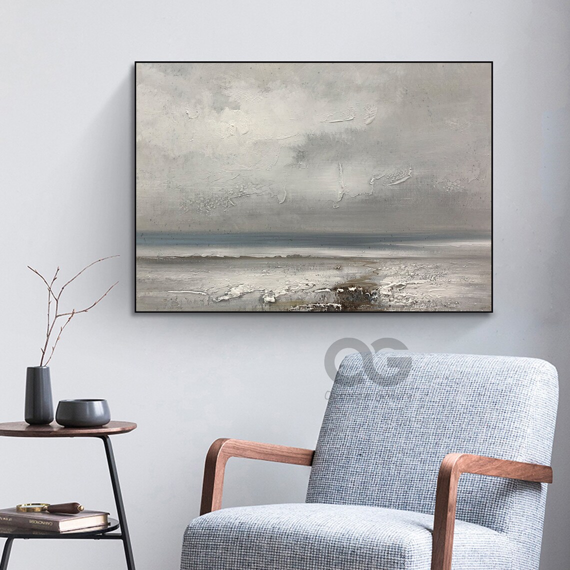 Muted Gray Abstract Beach Seascape Textured Minimalist Painting Wall Art - Image 3