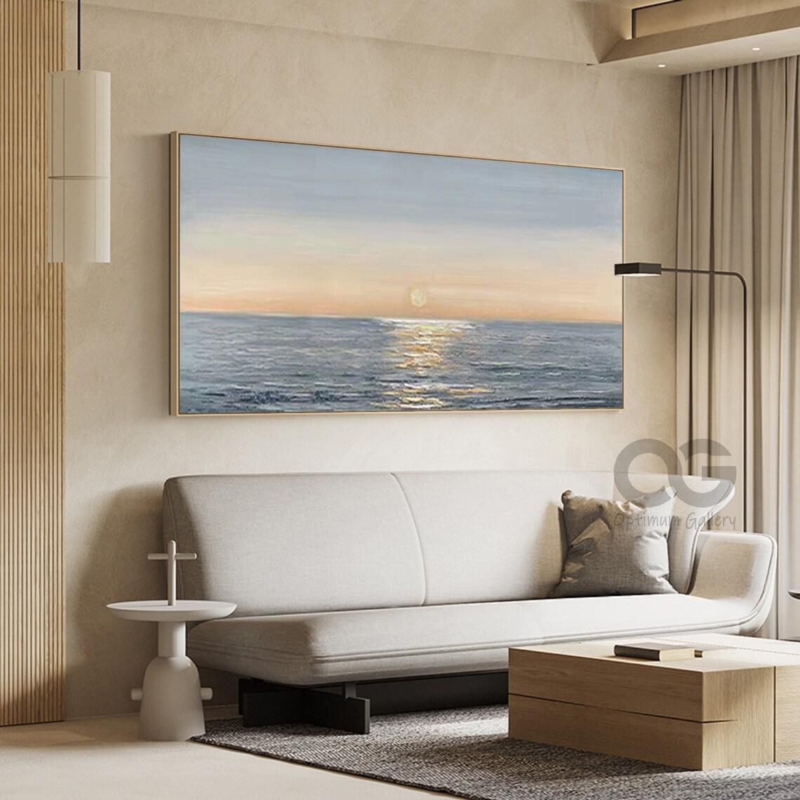 Ocean Sunset Painting Pale Sun Golden Water Reflection Panoramic Wall Art Poster - Image 2