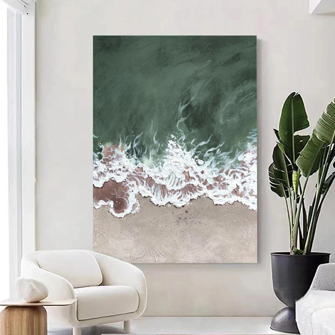 Aerial Green Sea White Foam Waves Pale Sand Beach Ocean Scene Poster - Image 3