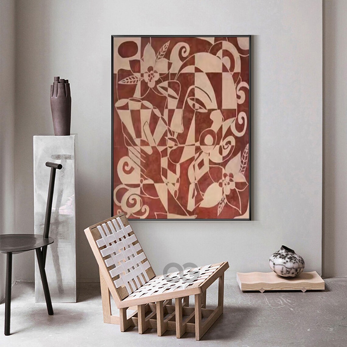 Terracotta Red Beige Line Art Face Abstract Floral Swirl Geometric Poster - Image 4