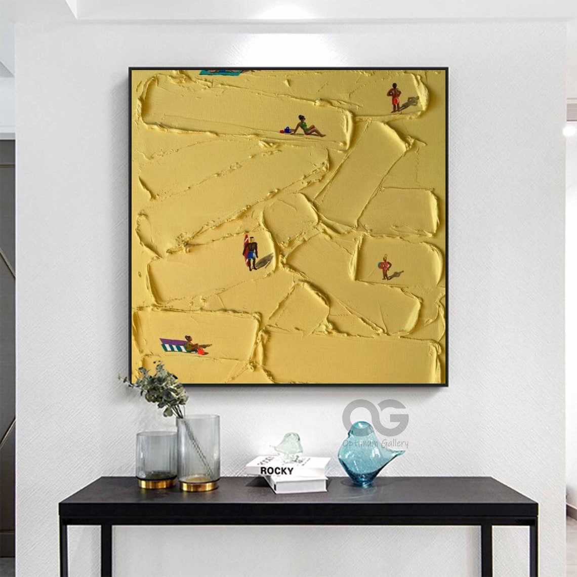 Yellow Textured Sand Beach Tiny Beachgoers Square Palette Knife Poster - Image 3
