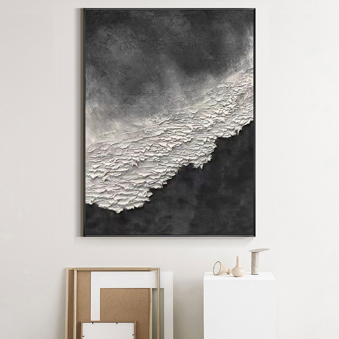 Black White Abstract Wave Grey Smoky Thick Foam Diagonal Art Poster - Image 2