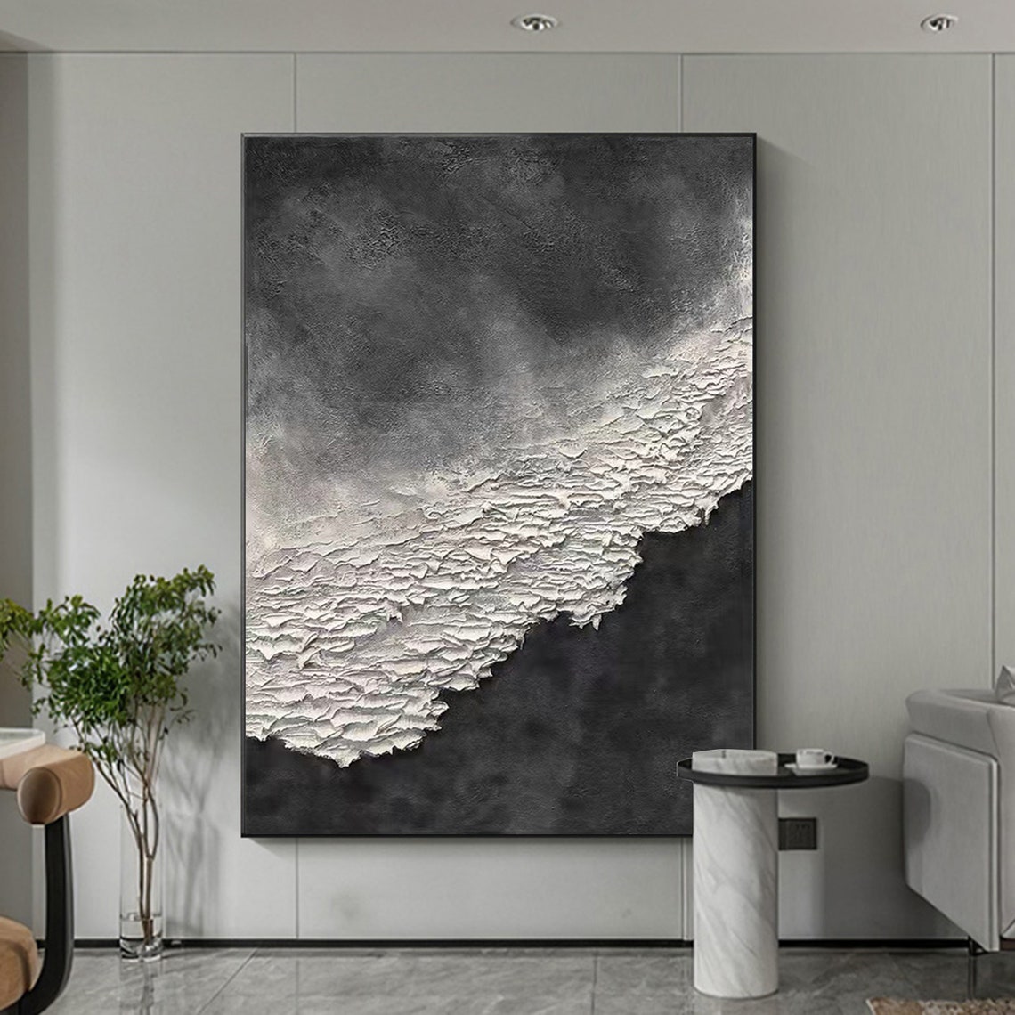 Black White Abstract Wave Grey Smoky Thick Foam Diagonal Art Poster - Image 5