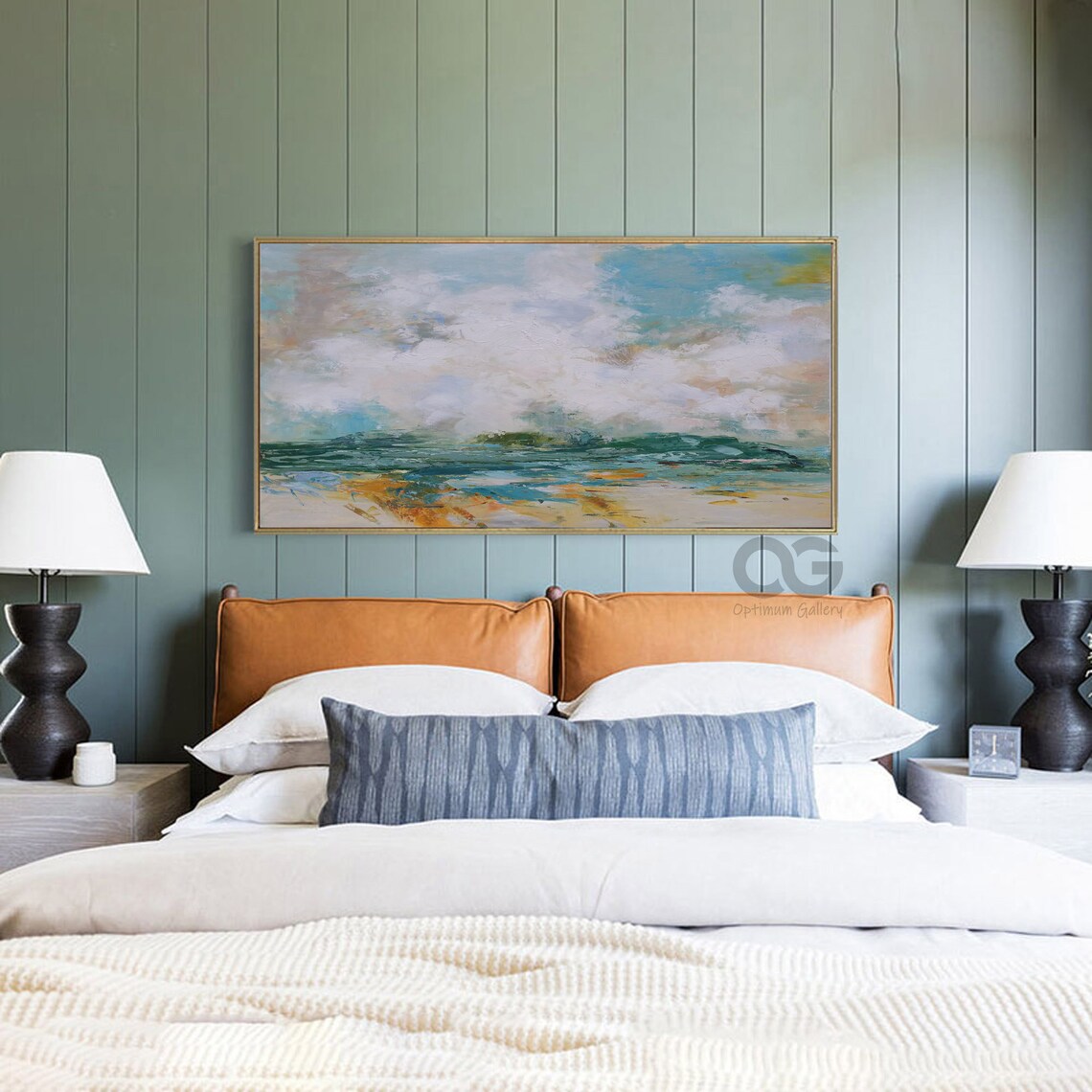 Teal Sea Abstract Painting White Clouds Golden Shore Textured Beach Wall Art - Image 2