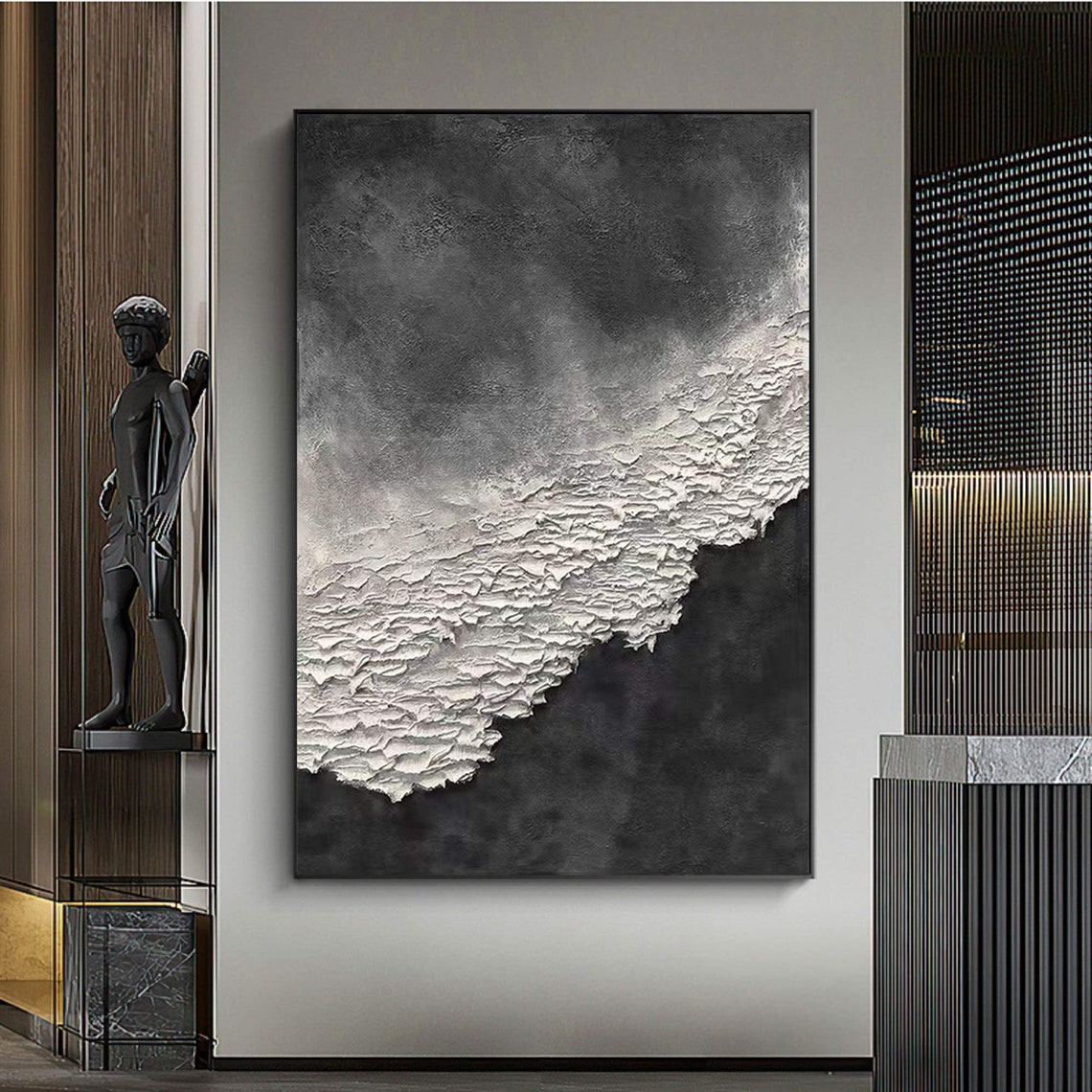 Black White Abstract Wave Grey Smoky Thick Foam Diagonal Art Poster - Image 4