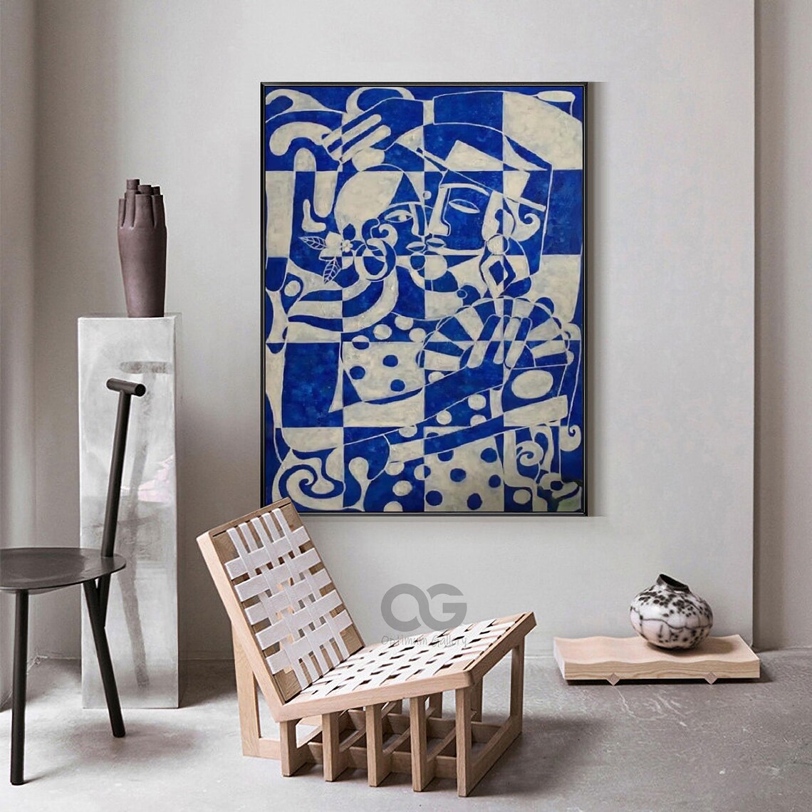 Cobalt Blue Beige Geometric Faces Abstract Checkered Pattern Art Poster - Image 4