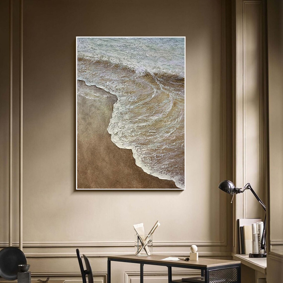 White Foam Waves Brown Sand Beach Aerial Textured Coastal Art Poster - Image 5