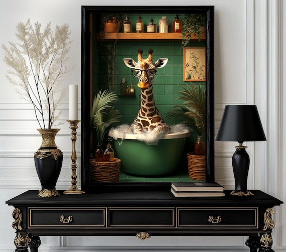 Funny Bathroom Giraffe Poster Animal On Toilet Wall Art Gag Gift For Guest Quirky Decor White Elephant 49