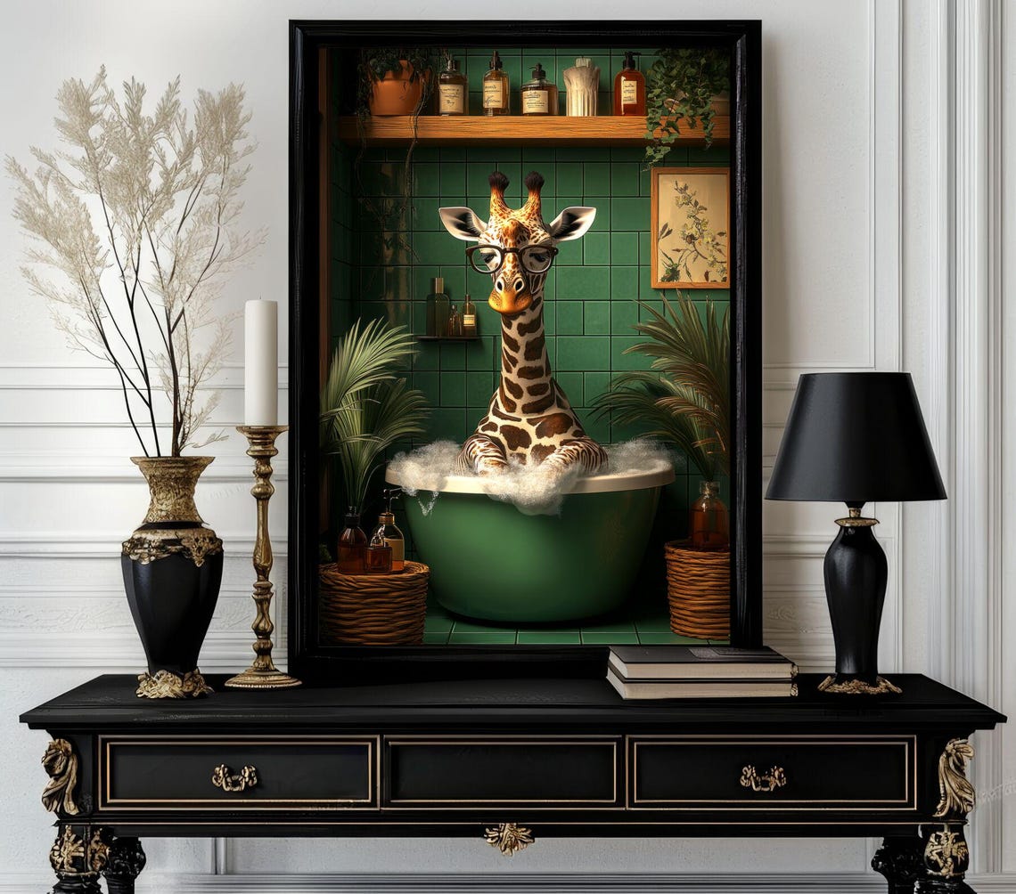 Funny Giraffe with Round Glasses in a Tropical Bubble Bath Poster