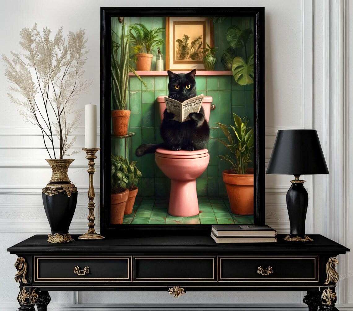 Black Cat Reading News On Pink Toilet Botanical Bathroom Funny Poster