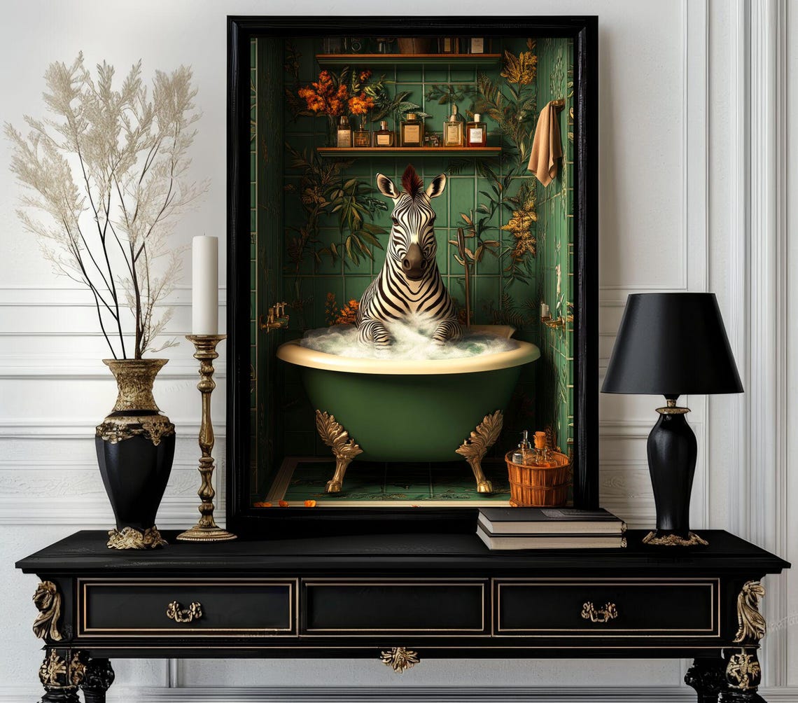 Zebra Soaking in a Vintage Clawfoot Bubble Bath Bathroom Poster