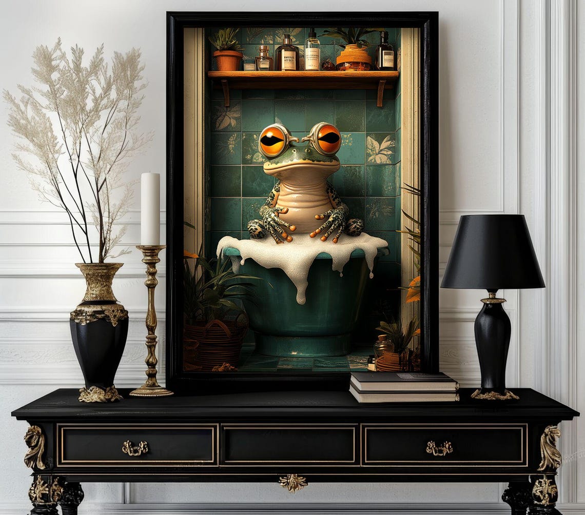 Funny Frog with Big Orange Glasses Soaking in a Bubble Bath Poster