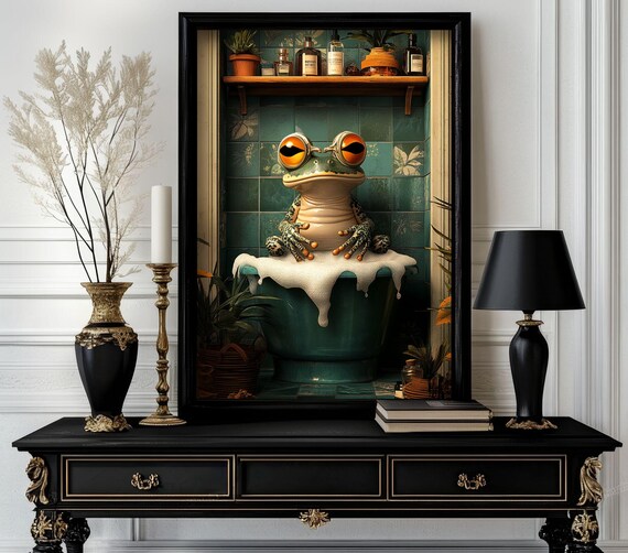 Funny Bathroom Frog Poster Animal On Toilet Wall Art Gag Gift For Guest Quirky Decor White Elephant 36