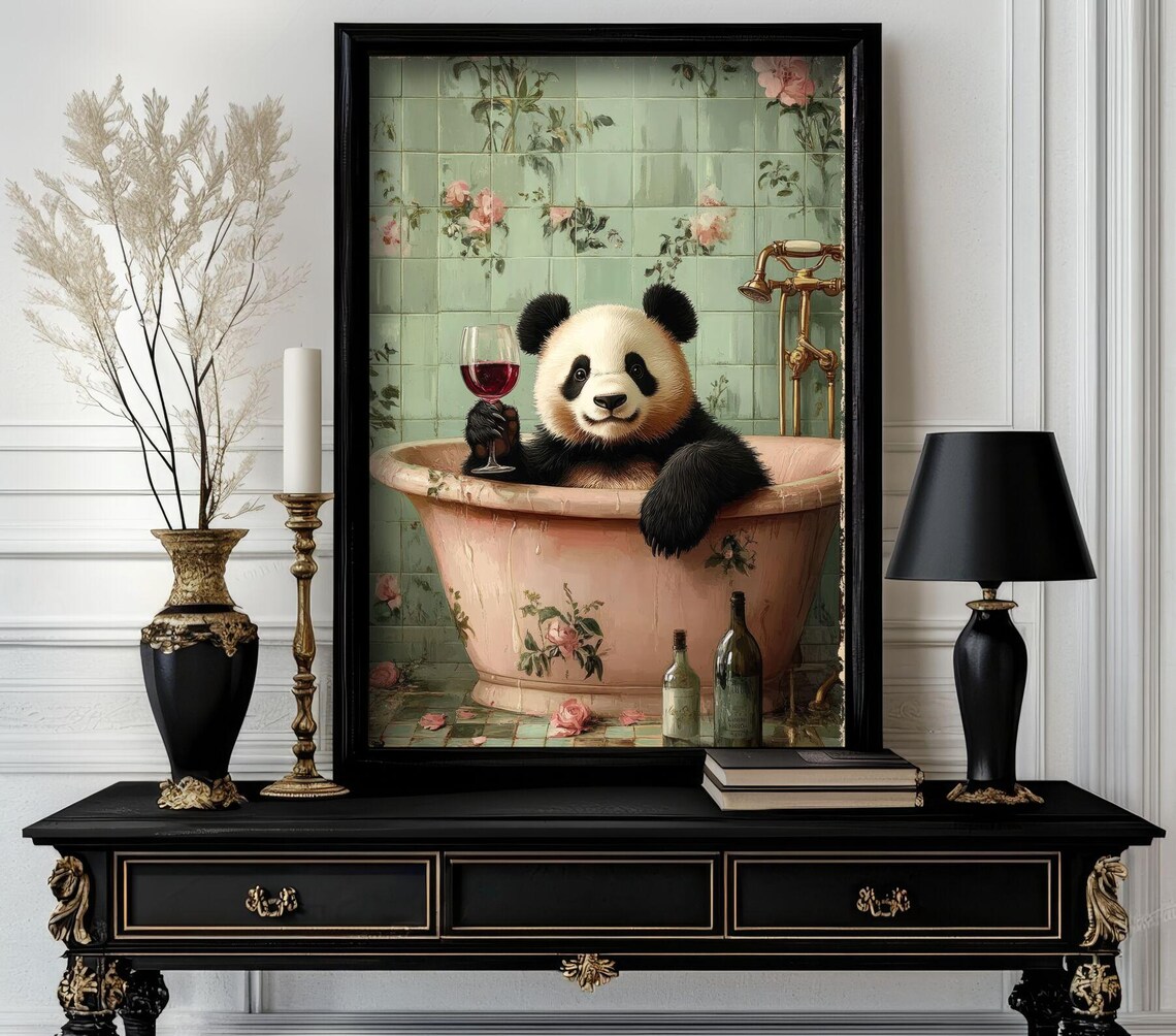 Panda in Bathtub with Red Wine Floral Tile Funny Animal Poster