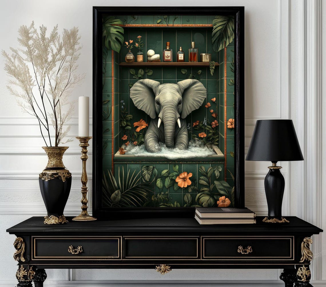 Baby Elephant in Bubble Bath With Hibiscus Tile Animal Poster