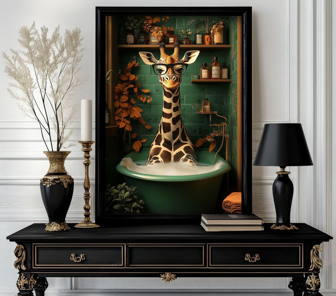 Funny Giraffe in Black Glasses Soaking in a Brass Fixture Bath Poster