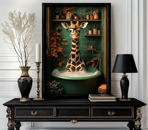 Funny Bathroom Giraffe Poster Animal On Toilet Wall Art Gag Gift For Guest Quirky Decor White Elephant 48