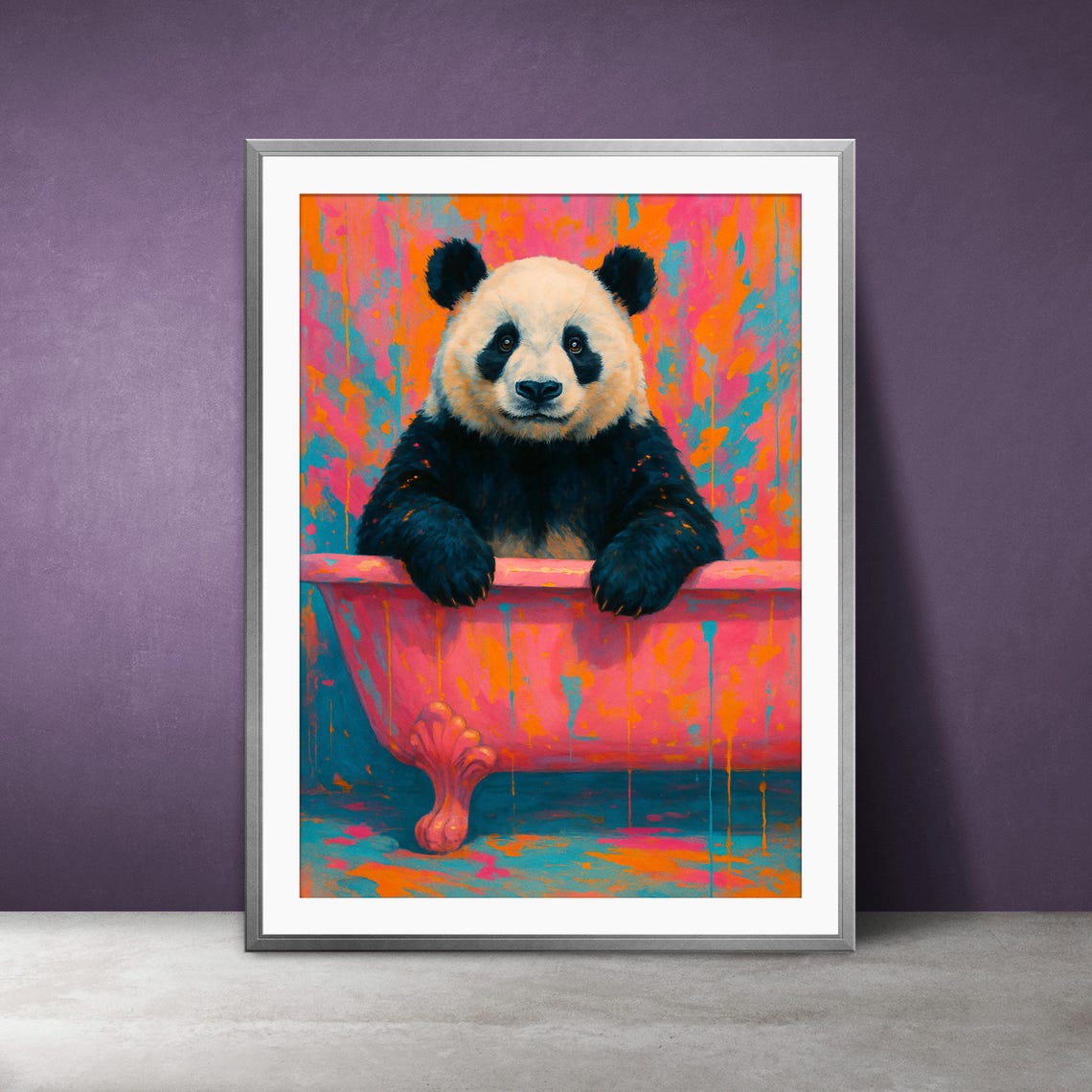 Panda In Pink Bathtub Pop Art Colorful Cute Bathroom Decor Poster
