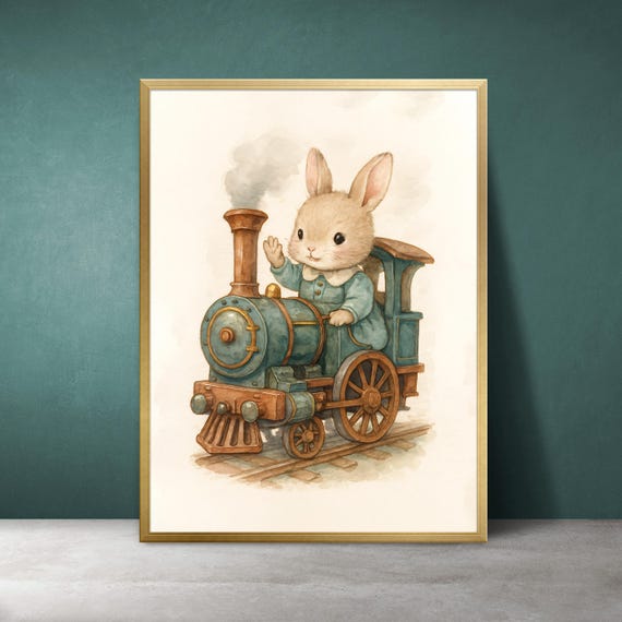 Bunny Conductor On Train Watercolor Print Vintage Nursery Art