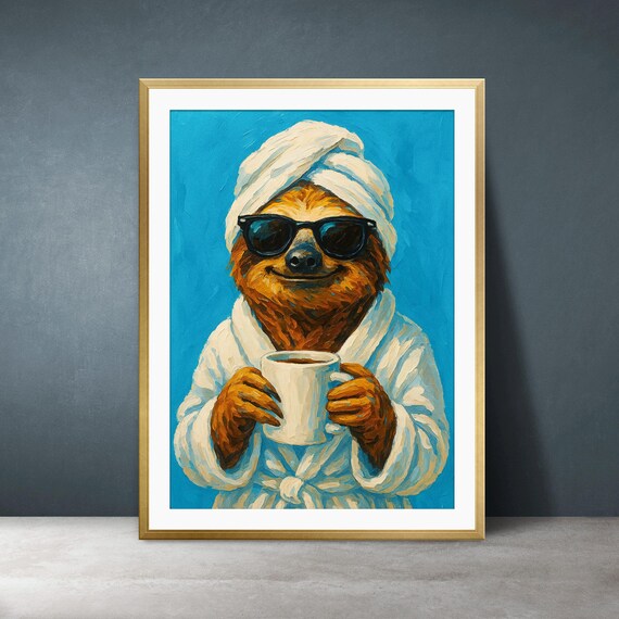 Sloth Coffee Print Funny Bathroom Spa Animal Art Instant