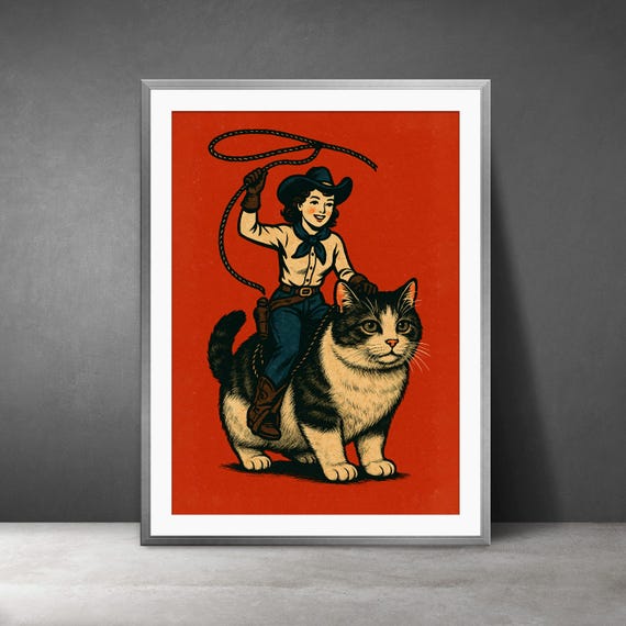 Rodeo Cat Poster Vintage Cowboy Decor Western Art Print